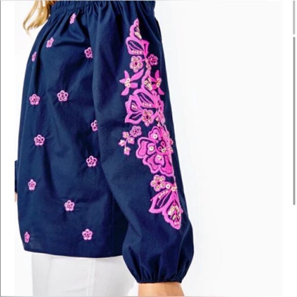 Lilly Pulitzer Jaeda Off the Shoulder Top in Navy - Size XSmall - Picture 1 of 12